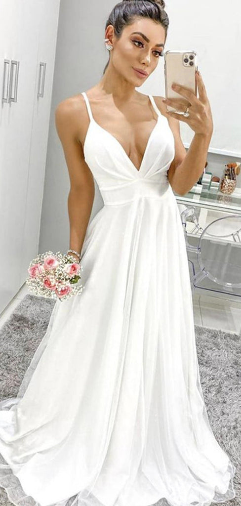 A-line Simple Spaghetti Straps Vintage Dream Beach Elegant Long Wedding Dresses, Bridal Gown WD458