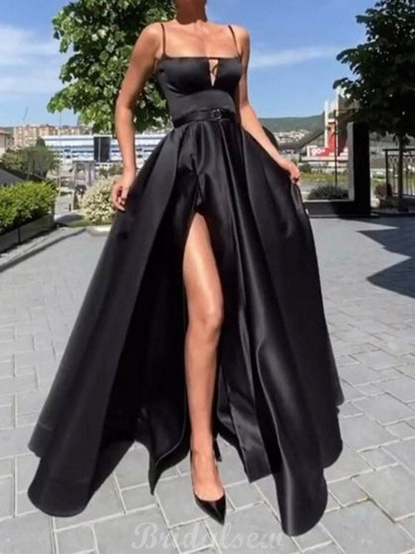 A-line Spaghetti Straps Black Satin Party Women Long Evening Prom Dresses PD579