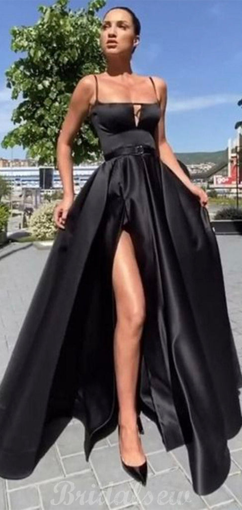 A-line Spaghetti Straps Black Satin Party Women Long Evening Prom Dresses PD579