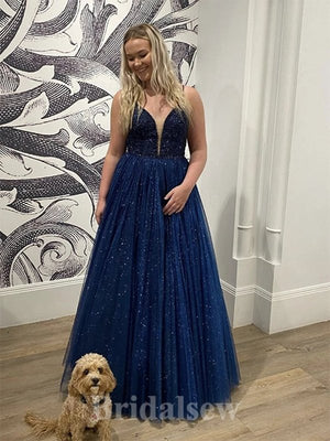 A-line Spaghetti Straps Glitter New Modest Elegant Long Party Evening Prom Dresses PD1325