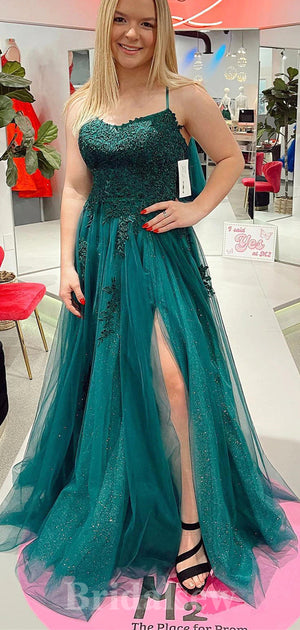 A-line Spaghetti Straps Lace Slit Elegant Party Long Women Evening Prom Dresses PD878