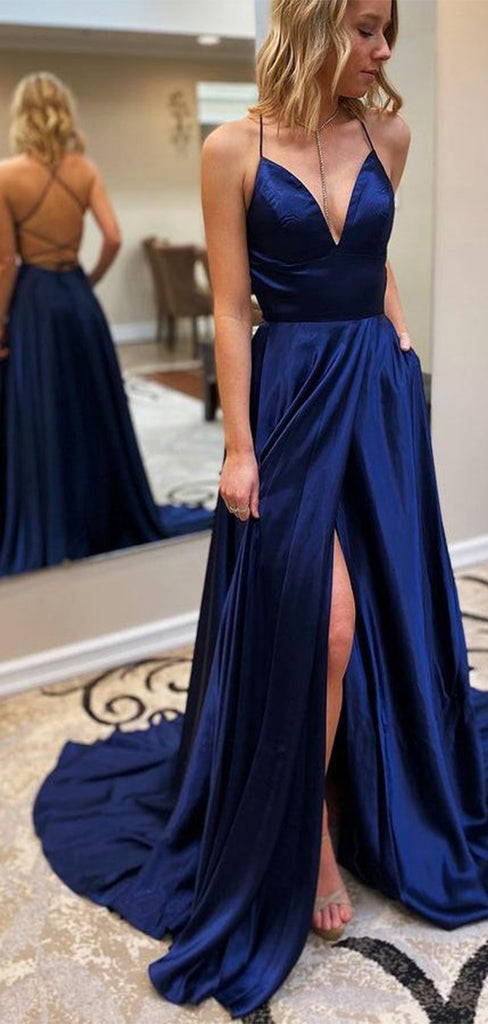 A-line Spaghetti Straps V-Neck Modest Long Evening Prom Dresses PD231