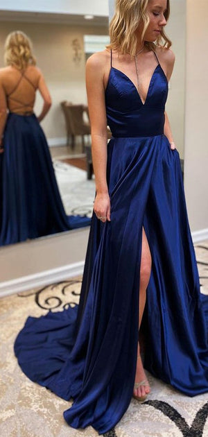 A-line Spaghetti Straps V-Neck Modest Long Evening Prom Dresses PD231