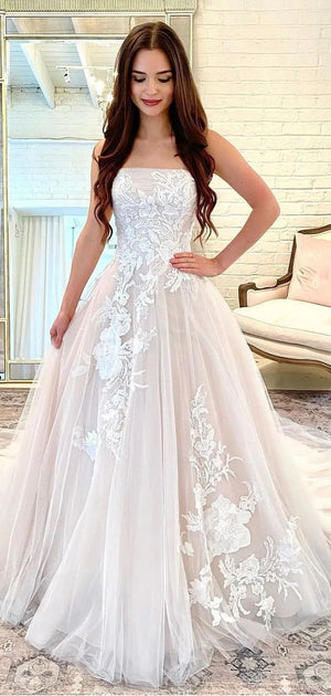 A-line Strapless Fairy Beach Vintage Long Wedding Dresses, Dream Bridal Gown WD424