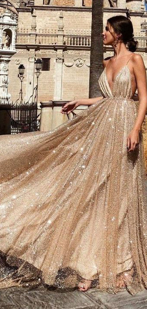 A-line Stylish Sparkly Sequin Open Back Long Prom Dresses PD143
