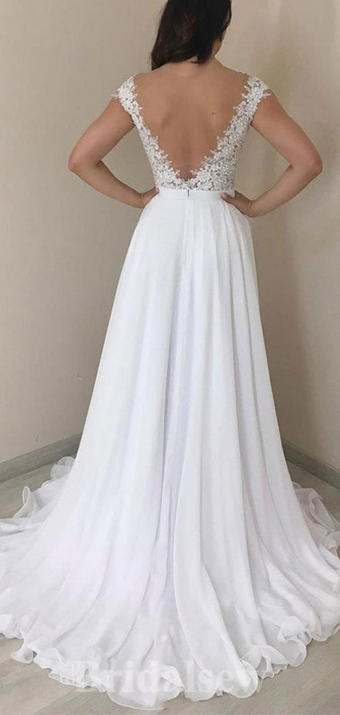 A-line Top Lace Princess Vintage Dream Beach Cap Sleeves Long Wedding Dresses, Bridal Gown WD455