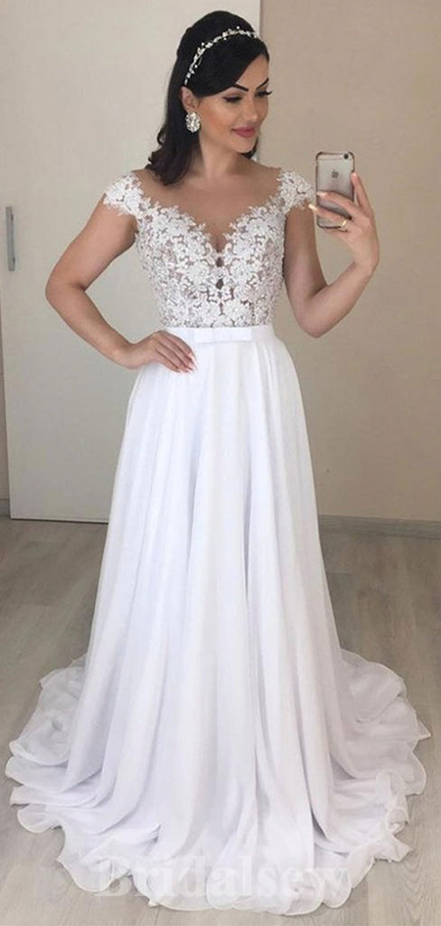 A-line Top Lace Princess Vintage Dream Beach Cap Sleeves Long Wedding Dresses, Bridal Gown WD455