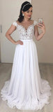 A-line Top Lace Princess Vintage Dream Beach Cap Sleeves Long Wedding Dresses, Bridal Gown WD455