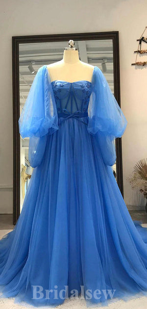 A-line Tulle Blue Long Sleeves Princess Pretty Long Women Evening Prom Dresses PD728