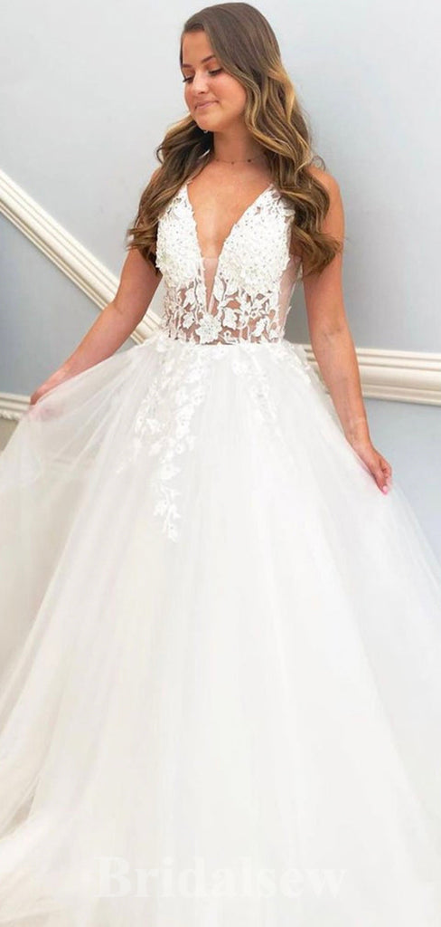 A-line Tulle Lace Popular Vintage Dream Beach Sleeveless Long Wedding Dresses, Bridal Gown WD456