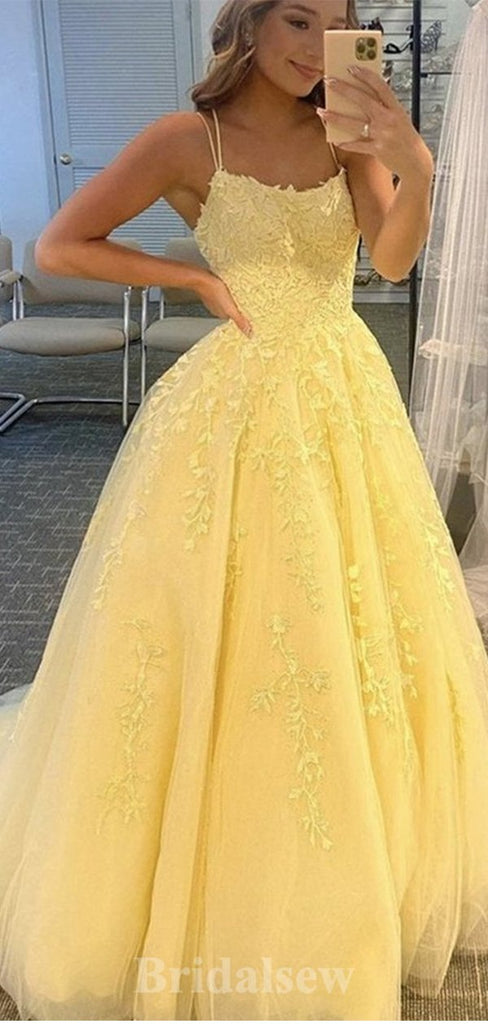 A-line Tulle Lace Yellow Spaghetti Straps Simple Elegant Modest Long Party Evening Prom Dresses PD1310