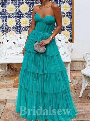 A-line Tulle Strapless Princess Glitter Elegant Long Women Evening Prom Dresses PD907