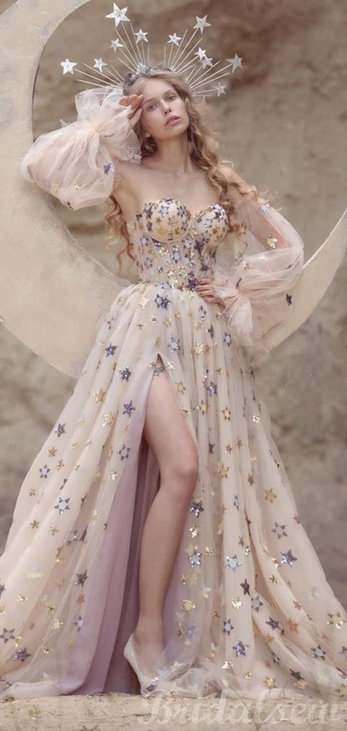 A-line Unique Design Stars Appliques Sparkly Modest Party Long Prom Dresses, Evening Dress PD453