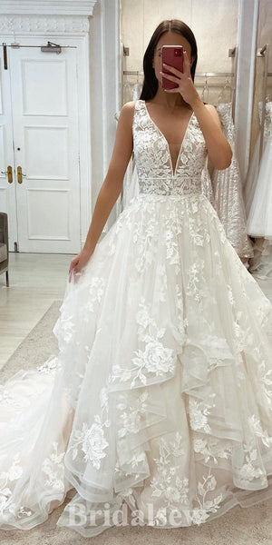A-line Unique Lace Princess Vintage Dream Beach Long Wedding Dresses, Bridal Gown WD491