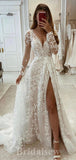A-line Unique Long Sleeves V-Neck Garden Country Beach Vintage Long Wedding Dresses WD347
