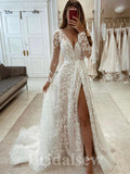 A-line Unique Long Sleeves V-Neck Garden Country Beach Vintage Long Wedding Dresses WD347