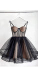 A-line Unique Modest Spaghetti Straps Black Short Homecoming Dresses HD013