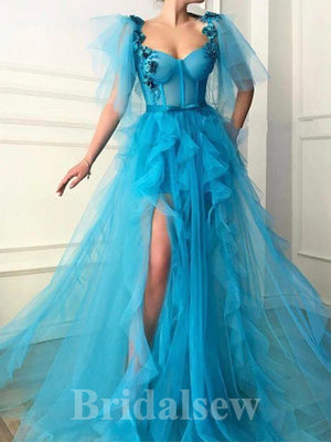 A-line Unique Slit Stylish Tulle Elegant Long Women Evening Prom Dresses PD854