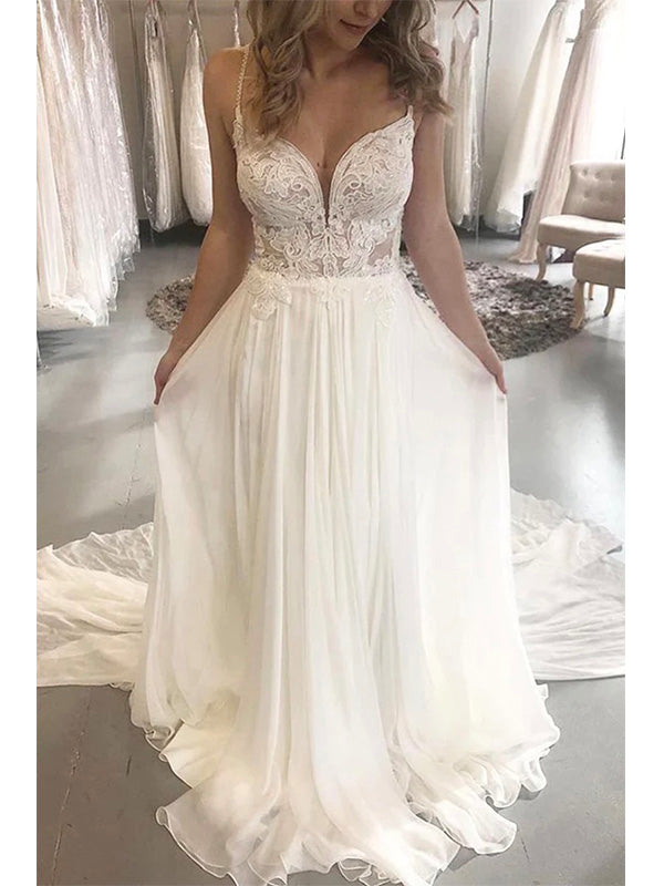 A-line Unique Sweetheart Lace Tulle Vintage Beach Long Wedding Dresses WD277