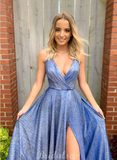 A-line V-Neck Blue Sequin Side Slit Simple Cheap Prom Dresses PD110