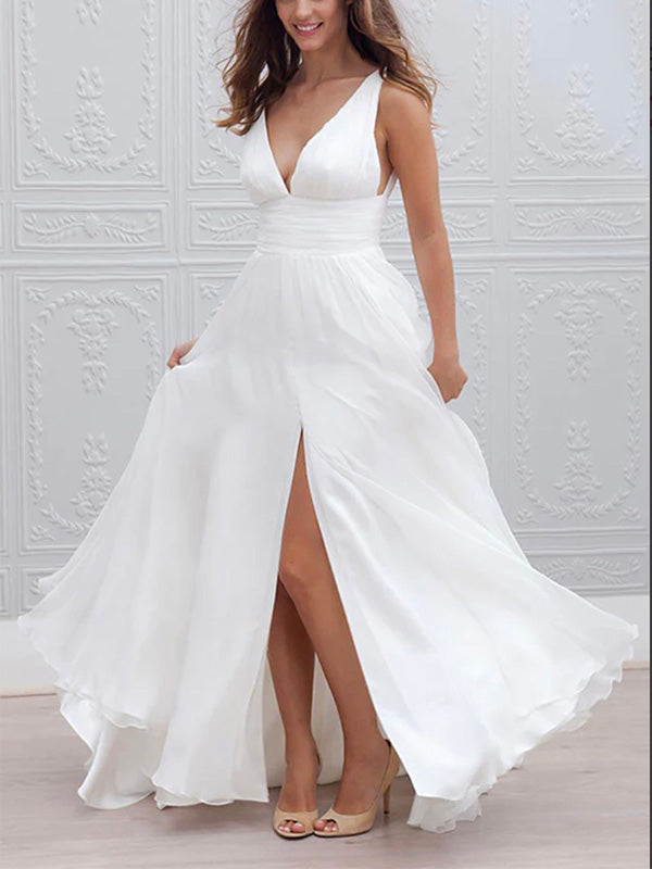 A-line V-Neck Chiffon Simple Boho Beach Vintage Long Wedding Dresses WD284