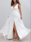 A-line V-Neck Chiffon Simple Boho Beach Vintage Long Wedding Dresses WD284