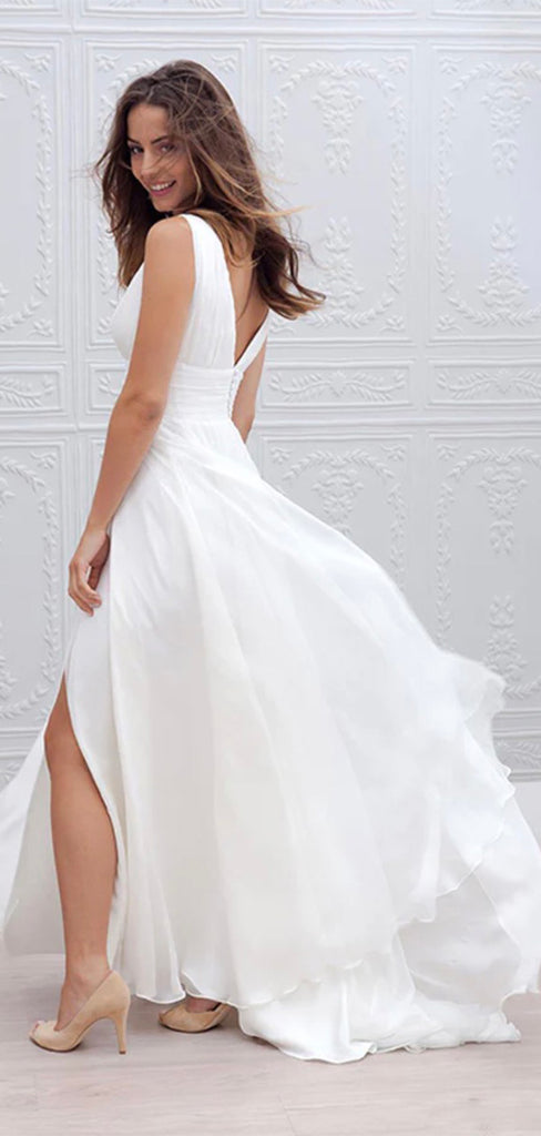 A-line V-Neck Chiffon Simple Boho Beach Vintage Long Wedding Dresses WD284