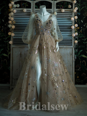 A-line V-Neck Long Sleeves Princess Gorgeous Stunning Long Women Evening Prom Dresses PD822