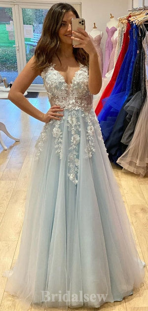 A-line V-Neck Sleeveless Popular Tulle Elegant Modest Long Party Evening Prom Dresses PD1315
