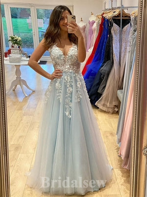 A-line V-Neck Sleeveless Popular Tulle Elegant Modest Long Party Evening Prom Dresses PD1315