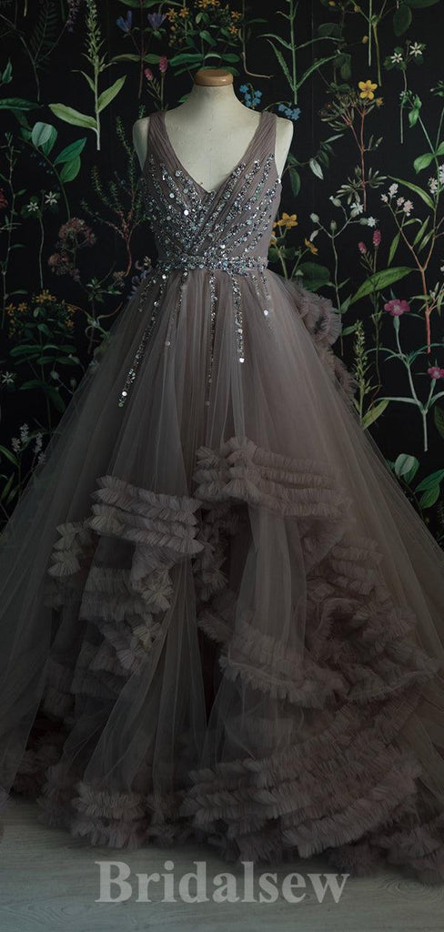 A-line V-Neck Tulle Princess Modest Gorgeous Long Women Evening Prom Dresses PD821