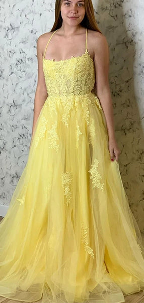 Cute Yellow Spaghetti Straps Prom Dress A Line Party Evening Gown cc2256