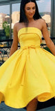 A-line Yellow Off The Shoulder Satin Short Homecoming Dresses HD010