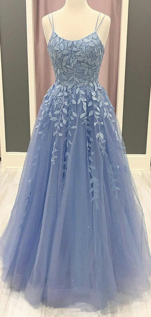 A Line Long Blue Lace Spaghetti Straps Modest Formal Prom Dresses PD208