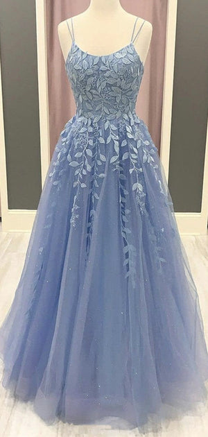 A Line Long Blue Lace Spaghetti Straps Modest Formal Prom Dresses PD208
