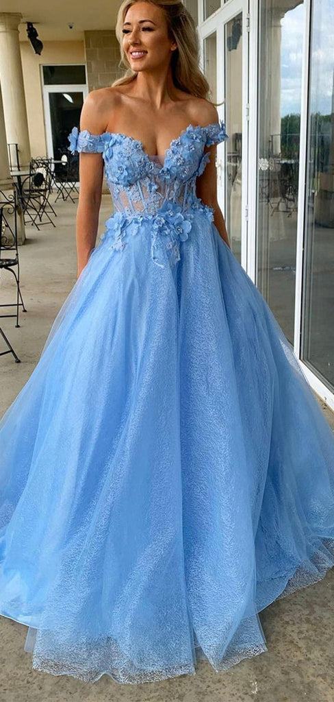 Aline Blue Off the Shoulder Formal Evening Long Prom Dresses PD377