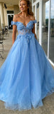 Aline Blue Off the Shoulder Formal Evening Long Prom Dresses PD377