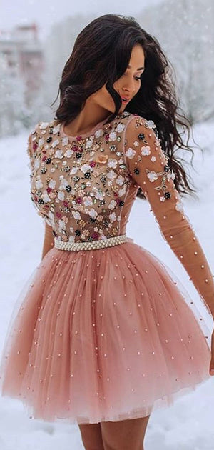 A line Short Pink Long Sleeves Sparkly Popular Homecoming Dresses HD004