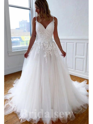 Aline Straps Tulle Lace Princess Vintage Dream Beach Long Wedding Dresses, Bridal Gown WD451