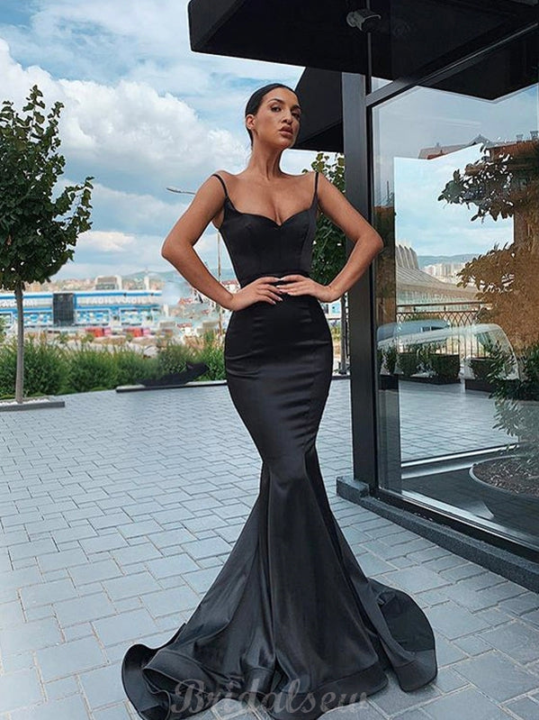 Black Mermaid Modest Spaghetti Straps Sexy Prom Dresses PD063
