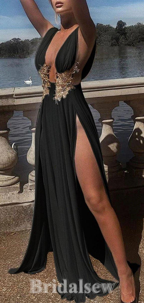 Black Sexy Unique Modest Sleeveless High Slit Stylish Long Women Evening Prom Dresses PD753