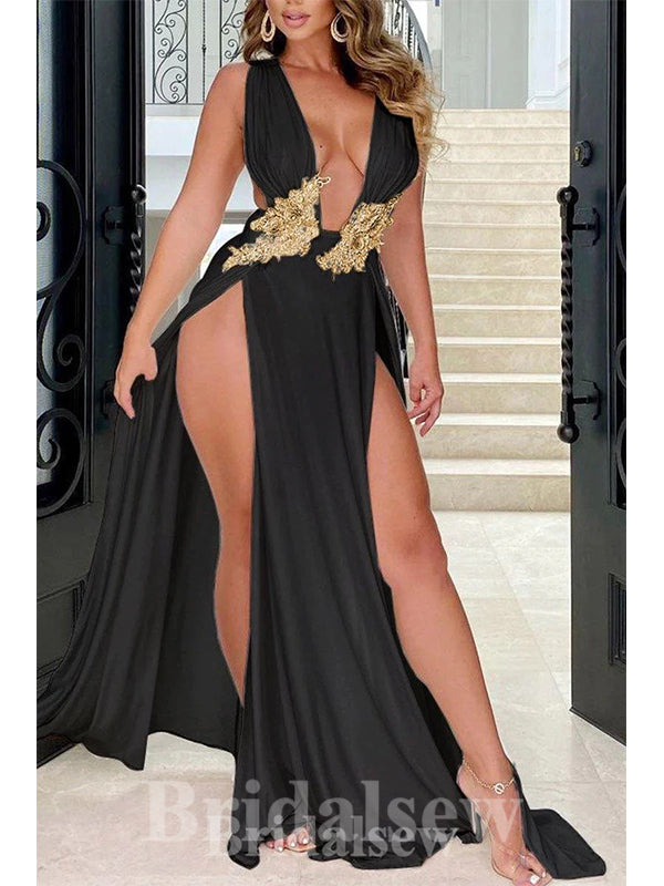 Black Sexy Unique Modest Sleeveless High Slit Stylish Long Women Evening Prom Dresses PD753