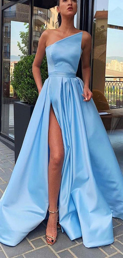 Blue A-line Satin Simple Modest Party Elegant Long Prom Dresses with Slit PD315