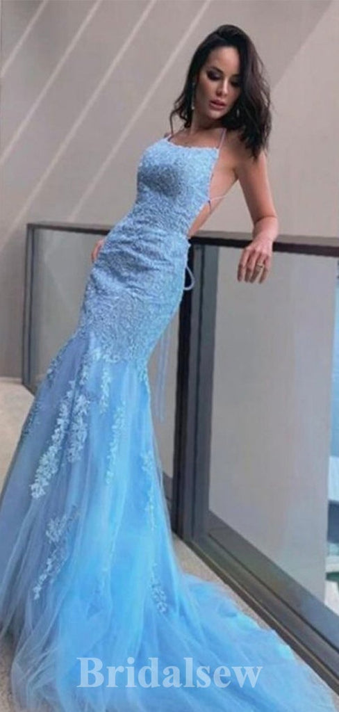 Blue Lace Mermaid Formal Party Long Straps Elegant Evening Prom Dresses PD1059