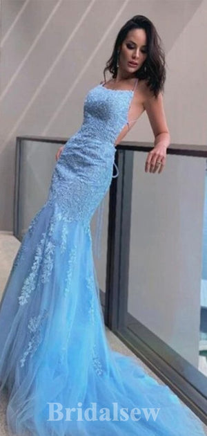 Blue Lace Mermaid Formal Party Long Straps Elegant Evening Prom Dresses PD1059