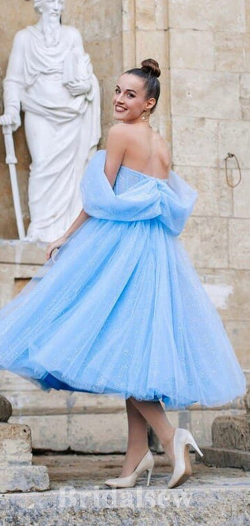 Blue Sparkly Sequin Short Prom Dresses, A-line Off Shoulder Fairy Princess Homecoming Dresses, HD021