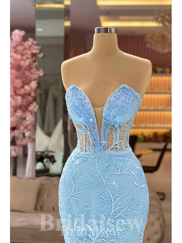 Blue Lace Mermaid Stylish Elegant Unique Modest Long Women Evening Prom Dresses PD756