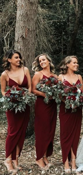 Burgundy Cheap Short Spaghetti Straps Simple Bridesmaid Dresses BD053