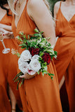 Burnt Orange Spaghetti Straps Open Back Bridesmaid Dresses With Split BD022