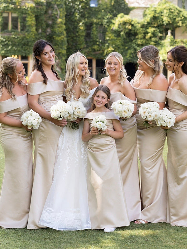Champagne Off the Shoulder Mermaid Satin Plus Size Elegant Long Formal Bridesmaid Dresses BD196